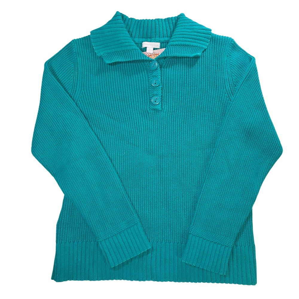 Vintage Charter Club XL Teal Cotton Blend Knit Button‎ Up Collar Sweater Retro